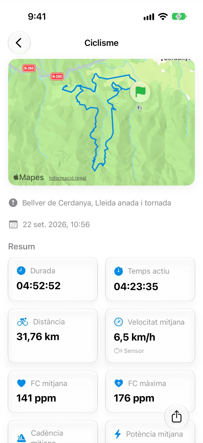 Detall d’un entrenament amb la ruta al mapa, el lloc i l’hora d’inici, i un resum amb la durada, el temps actiu, la distància, la velocitat mitjana i la freqüència cardíaca