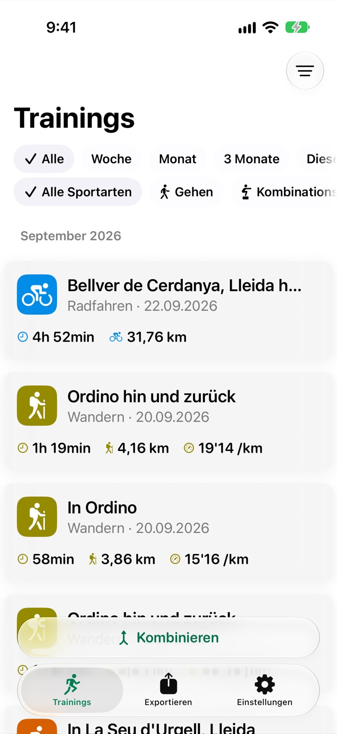 Trainingsliste von SnapGPX mit Rad- und Wandertrainings, jeweils mit Dauer und Distanz, bei den Wanderungen auch mit Pace