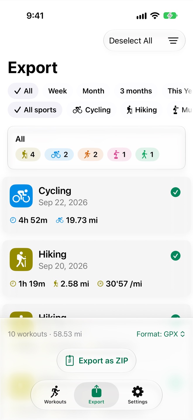 Export tab showing 10 selected workouts, the file-format picker and Export as ZIP