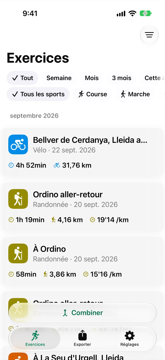 Liste des exercices de SnapGPX avec des sorties à vélo et des randonnées, leur durée et leur distance, et l’allure des randonnées