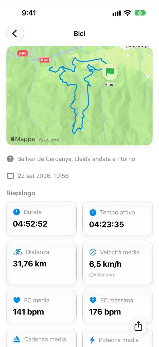 Dettaglio di un allenamento con il percorso sulla mappa, il luogo e l’ora di inizio, e un riepilogo con durata, tempo attivo, distanza, velocità media e frequenza cardiaca