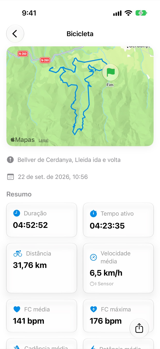 Detalhe de um exercício com a rota no mapa, o lugar e a hora de início, e um resumo com duração, tempo ativo, distância, velocidade média e frequência cardíaca